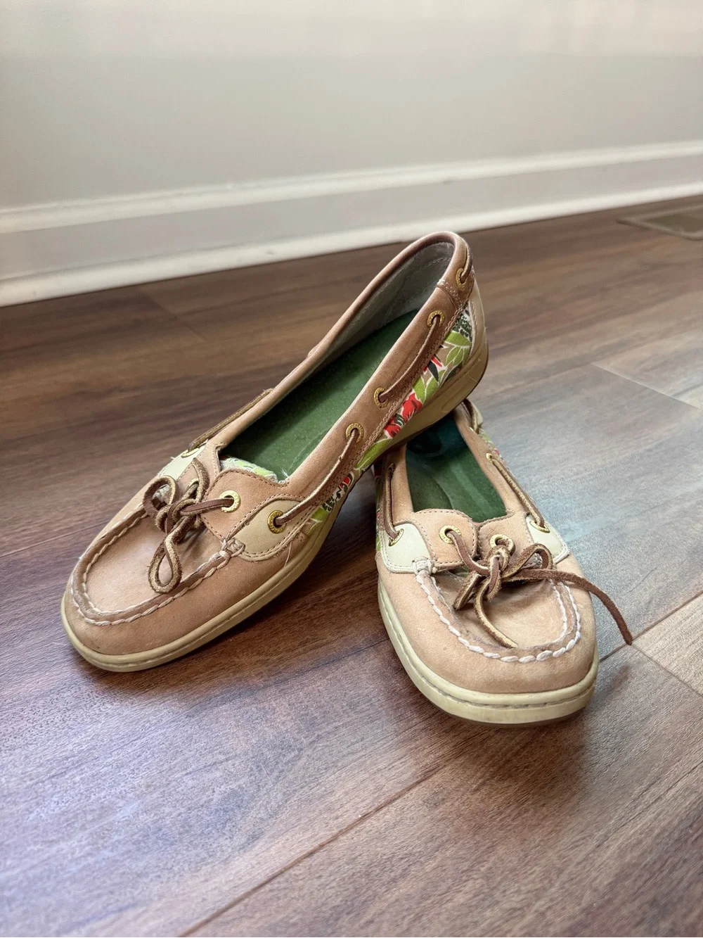 Sperry Tan Leather Boat Shoes with Floral Side Panel